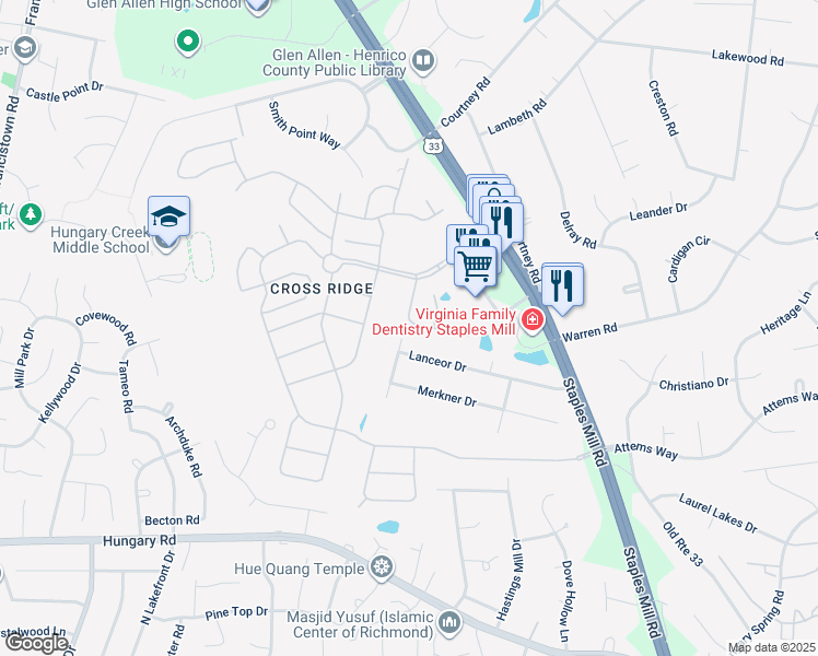 map of restaurants, bars, coffee shops, grocery stores, and more near 3449 Fitchetts Lane in Glen Allen