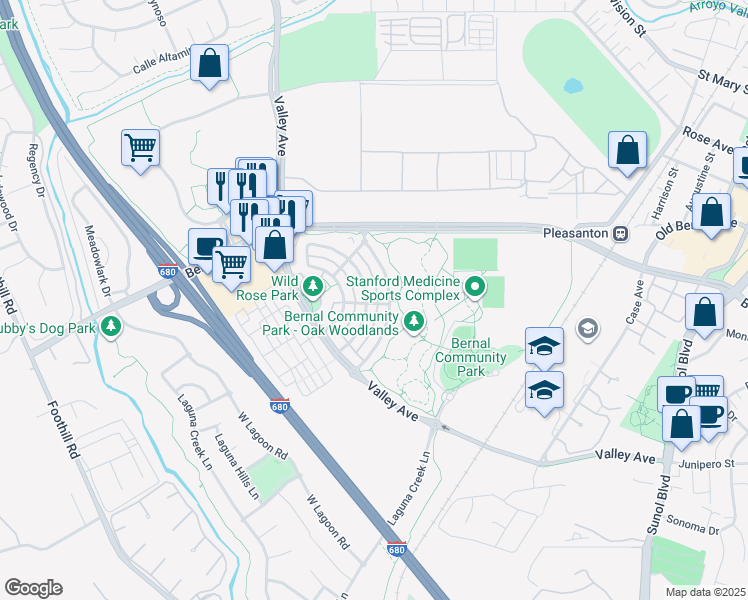 map of restaurants, bars, coffee shops, grocery stores, and more near 1461 Whispering Oaks Way in Pleasanton