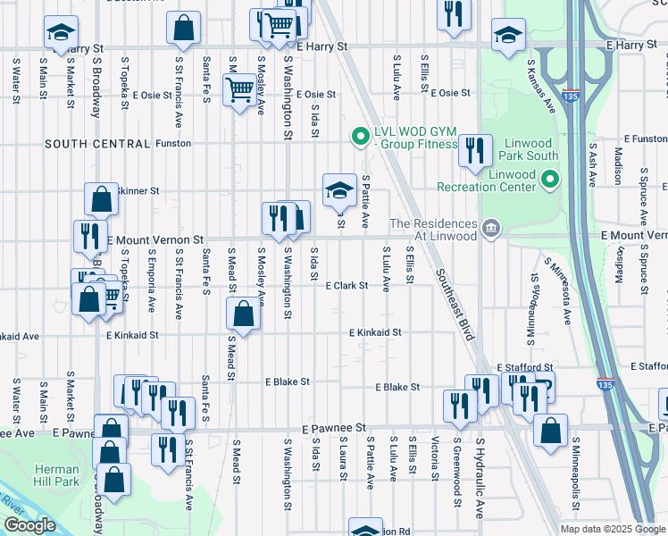 map of restaurants, bars, coffee shops, grocery stores, and more near 2037 South Laura Street in Wichita