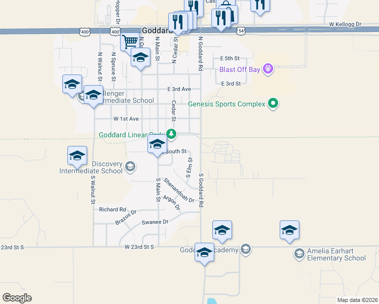 map of restaurants, bars, coffee shops, grocery stores, and more near 200 South Elm Street in Goddard