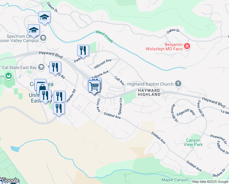 map of restaurants, bars, coffee shops, grocery stores, and more near 26970 Hayward Boulevard in Hayward