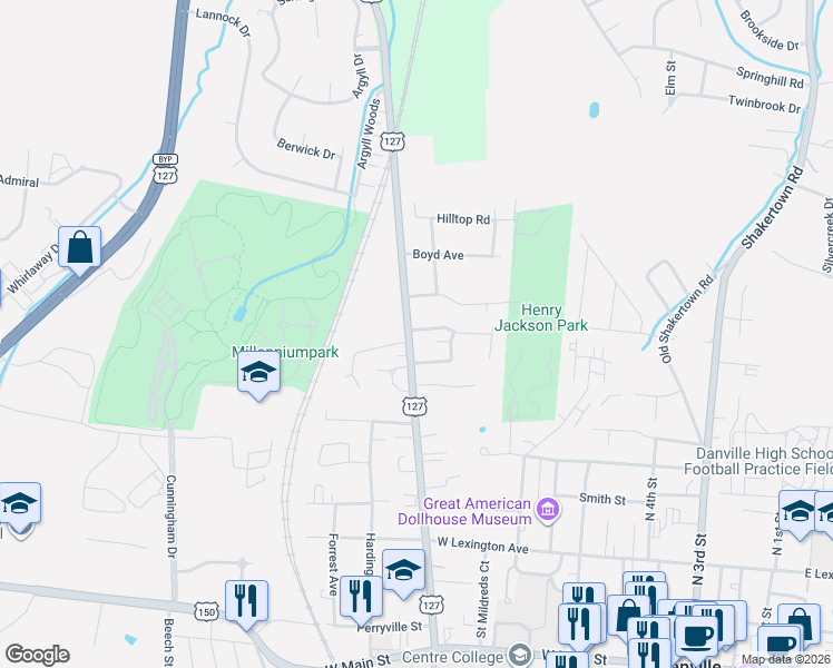 map of restaurants, bars, coffee shops, grocery stores, and more near 608 Maple Avenue in Danville