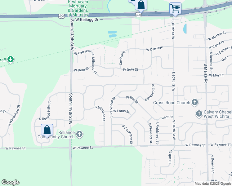 map of restaurants, bars, coffee shops, grocery stores, and more near 2049 South Parkridge Street in Wichita