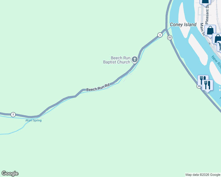 map of restaurants, bars, coffee shops, grocery stores, and more near 10796 Beech Run Road in Hinton