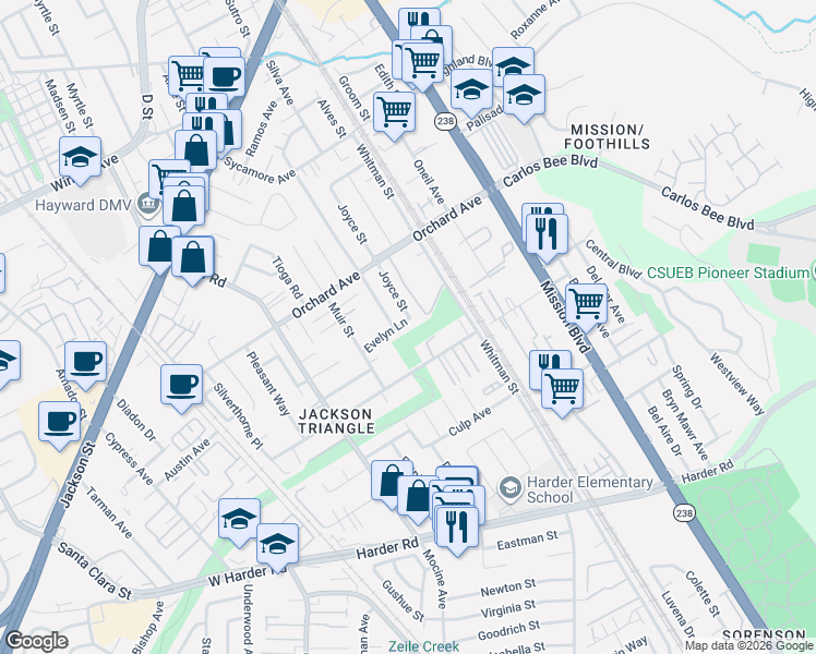 map of restaurants, bars, coffee shops, grocery stores, and more near 509 Evelyn Lane in Hayward