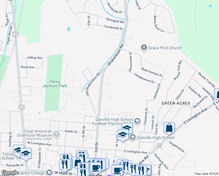 map of restaurants, bars, coffee shops, grocery stores, and more near 108 Saint Joseph Court in Danville