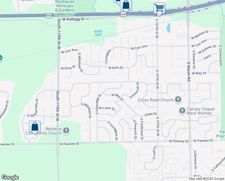 map of restaurants, bars, coffee shops, grocery stores, and more near 2034 South Parkridge Street in Wichita