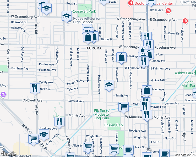 map of restaurants, bars, coffee shops, grocery stores, and more near 701 Griswold Avenue in Modesto