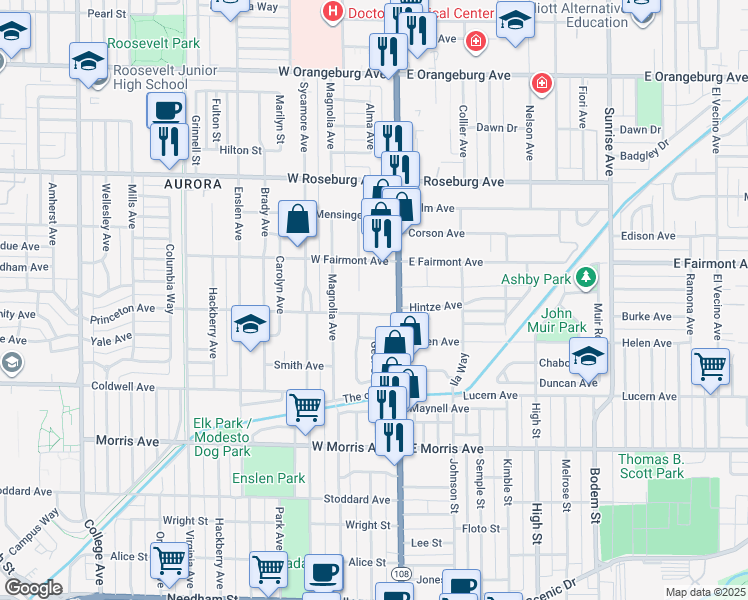 map of restaurants, bars, coffee shops, grocery stores, and more near 125 Griswold Avenue in Modesto