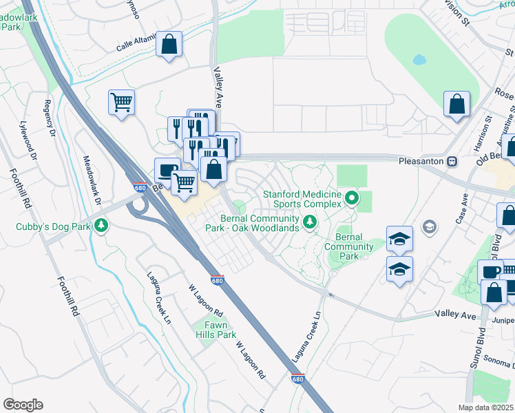 map of restaurants, bars, coffee shops, grocery stores, and more near 1574 East Gate Way in Pleasanton