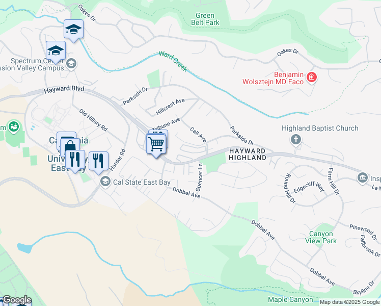 map of restaurants, bars, coffee shops, grocery stores, and more near 26970 Hayward Boulevard in Hayward