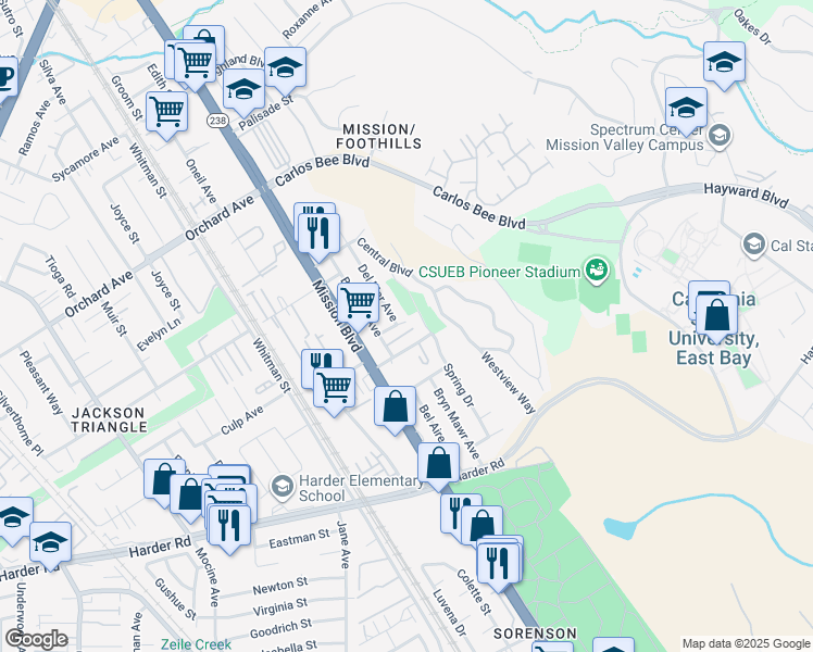 map of restaurants, bars, coffee shops, grocery stores, and more near 25546 Del Mar Avenue in Hayward