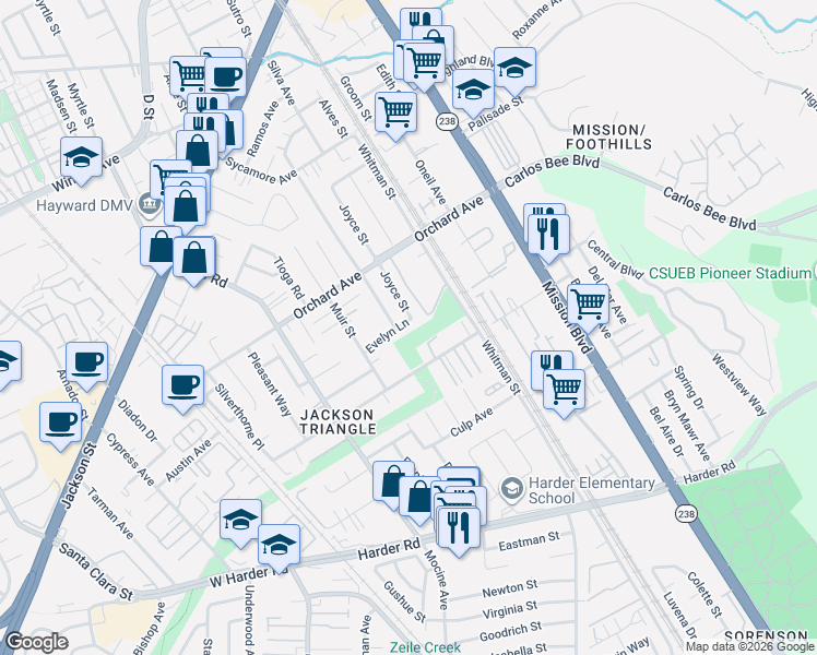 map of restaurants, bars, coffee shops, grocery stores, and more near 509 Evelyn Lane in Hayward