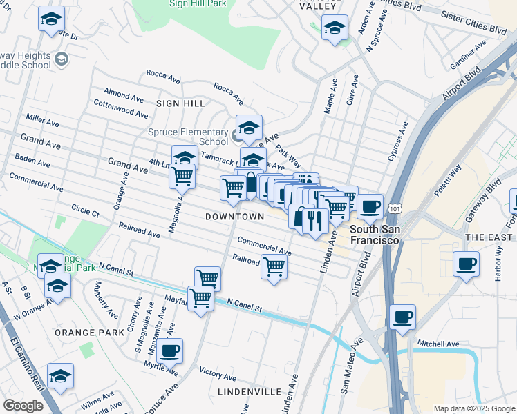 map of restaurants, bars, coffee shops, grocery stores, and more near 455 Grand Avenue in South San Francisco