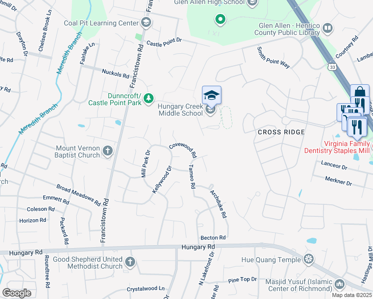 map of restaurants, bars, coffee shops, grocery stores, and more near 9007 Covewood Road in Glen Allen
