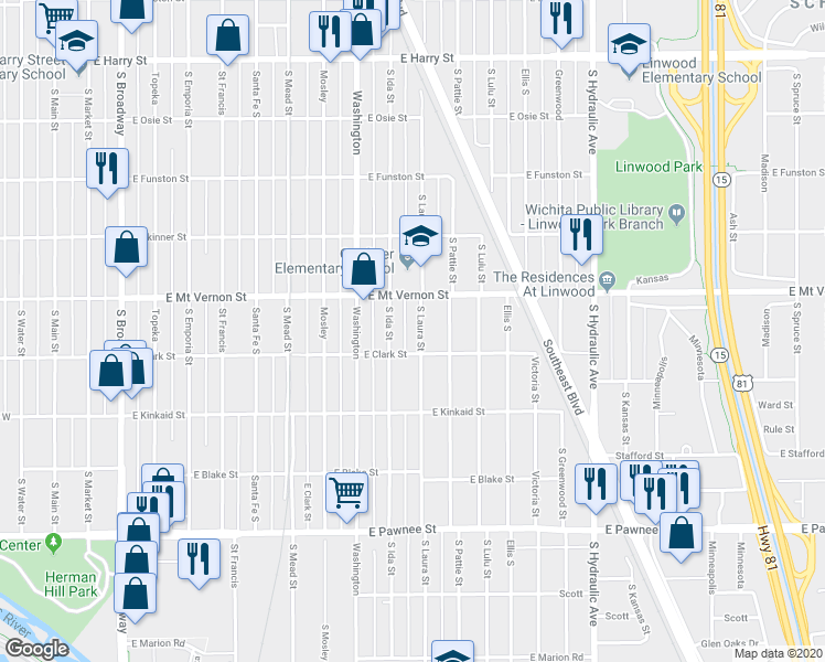 map of restaurants, bars, coffee shops, grocery stores, and more near 2036 South Ida Street in Wichita