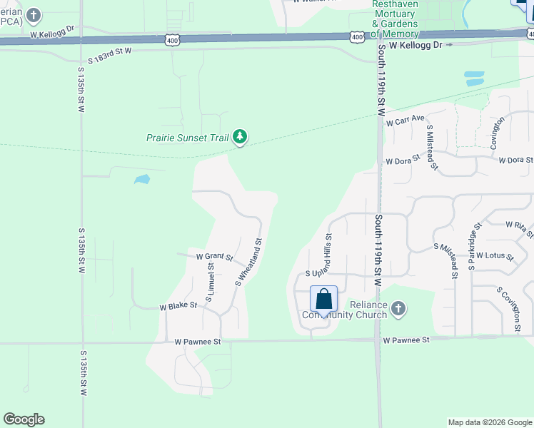 map of restaurants, bars, coffee shops, grocery stores, and more near 2299 South Wheatland Street in Wichita
