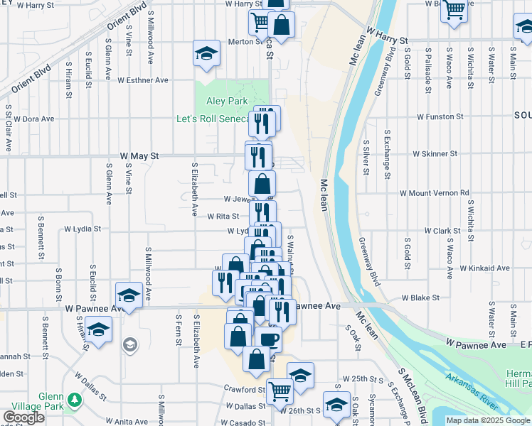 map of restaurants, bars, coffee shops, grocery stores, and more near 2117 South Seneca Street in Wichita