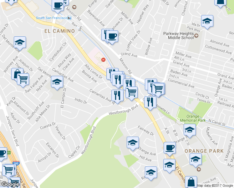 map of restaurants, bars, coffee shops, grocery stores, and more near 106 Alta Loma Drive in South San Francisco