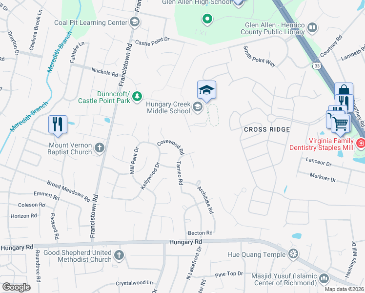 map of restaurants, bars, coffee shops, grocery stores, and more near 9004 Covewood Road in Glen Allen