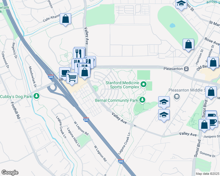 map of restaurants, bars, coffee shops, grocery stores, and more near 1508 Whispering Oaks Way in Pleasanton
