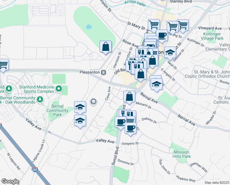 map of restaurants, bars, coffee shops, grocery stores, and more near 4866 Bernal Avenue in Pleasanton