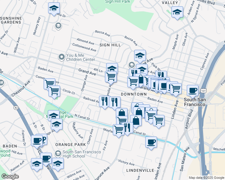 map of restaurants, bars, coffee shops, grocery stores, and more near 571 Baden Avenue in South San Francisco