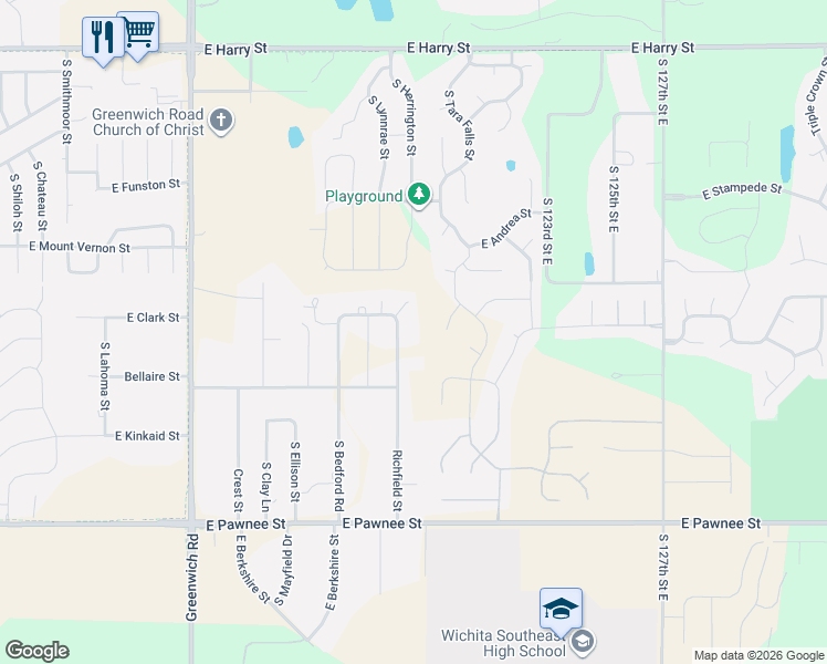 map of restaurants, bars, coffee shops, grocery stores, and more near 2158 Richfield Street in Wichita