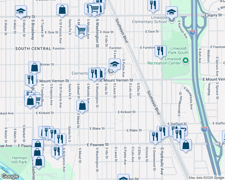 map of restaurants, bars, coffee shops, grocery stores, and more near 2036 South Ida Street in Wichita