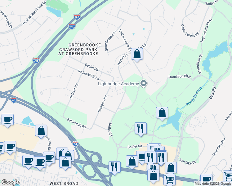 map of restaurants, bars, coffee shops, grocery stores, and more near 4391 Glasgow Road in Glen Allen