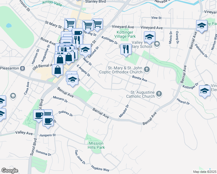 map of restaurants, bars, coffee shops, grocery stores, and more near 588 East Angela Street in Pleasanton