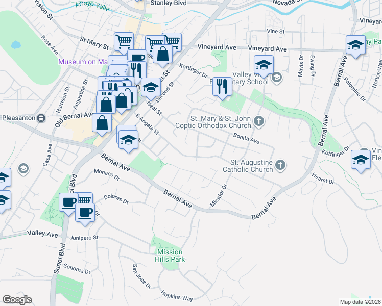 map of restaurants, bars, coffee shops, grocery stores, and more near 588 East Angela Street in Pleasanton