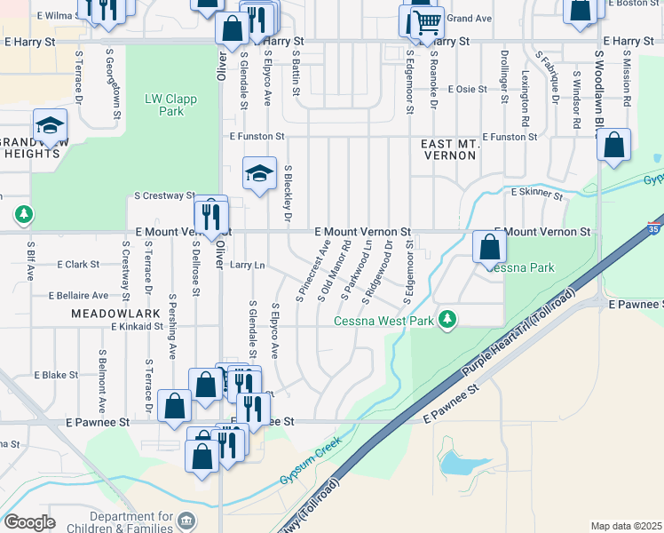 map of restaurants, bars, coffee shops, grocery stores, and more near 2051 South Old Manor Road in Wichita