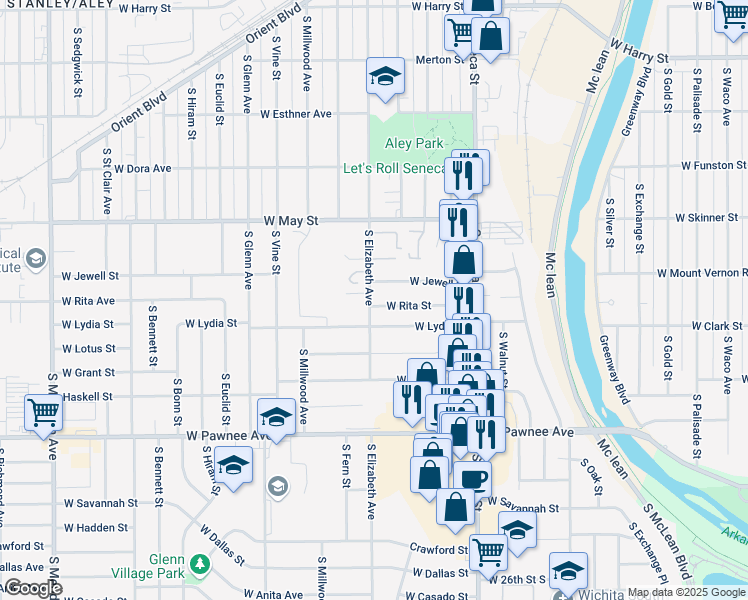 map of restaurants, bars, coffee shops, grocery stores, and more near 1444 West Rita Street in Wichita
