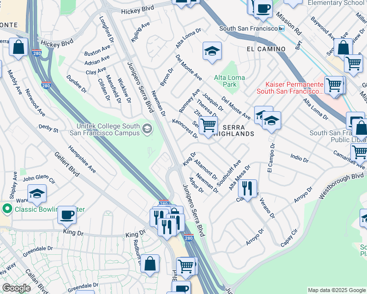 map of restaurants, bars, coffee shops, grocery stores, and more near 260 San Felipe Avenue in South San Francisco