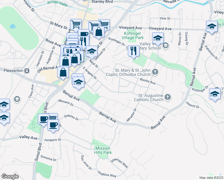 map of restaurants, bars, coffee shops, grocery stores, and more near 568 East Angela Street in Pleasanton