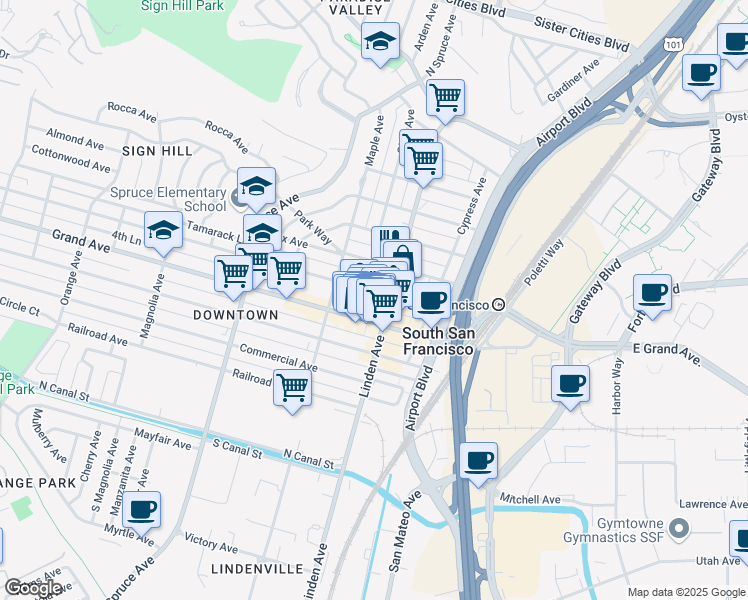 map of restaurants, bars, coffee shops, grocery stores, and more near 313 Miller Ave in South San Francisco
