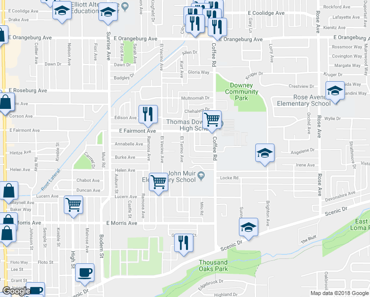 map of restaurants, bars, coffee shops, grocery stores, and more near 922 El Terino Avenue in Modesto