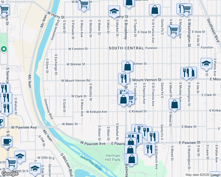 map of restaurants, bars, coffee shops, grocery stores, and more near 2034 South Main Street in Wichita