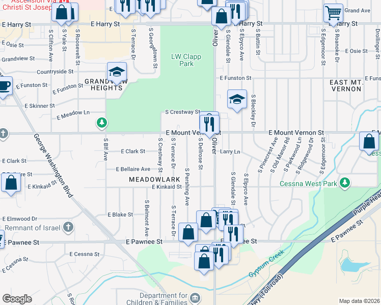 map of restaurants, bars, coffee shops, grocery stores, and more near 2038 South Pershing Street in Wichita
