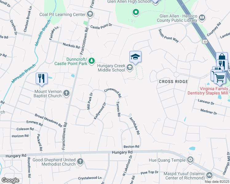 map of restaurants, bars, coffee shops, grocery stores, and more near 9007 Covewood Road in Glen Allen
