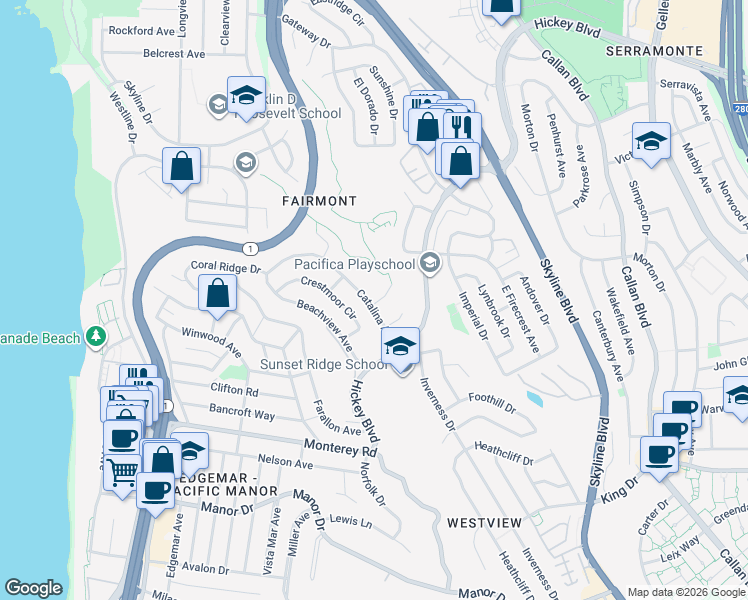 map of restaurants, bars, coffee shops, grocery stores, and more near 245 Catalina Avenue in Pacifica