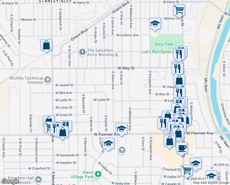 map of restaurants, bars, coffee shops, grocery stores, and more near 2126 South Glenn Avenue in Wichita