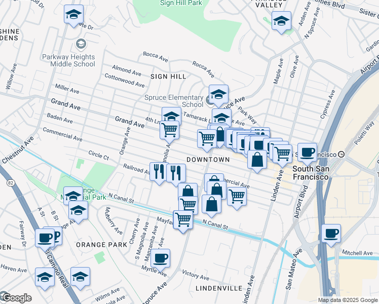 map of restaurants, bars, coffee shops, grocery stores, and more near 540 Baden Avenue in South San Francisco