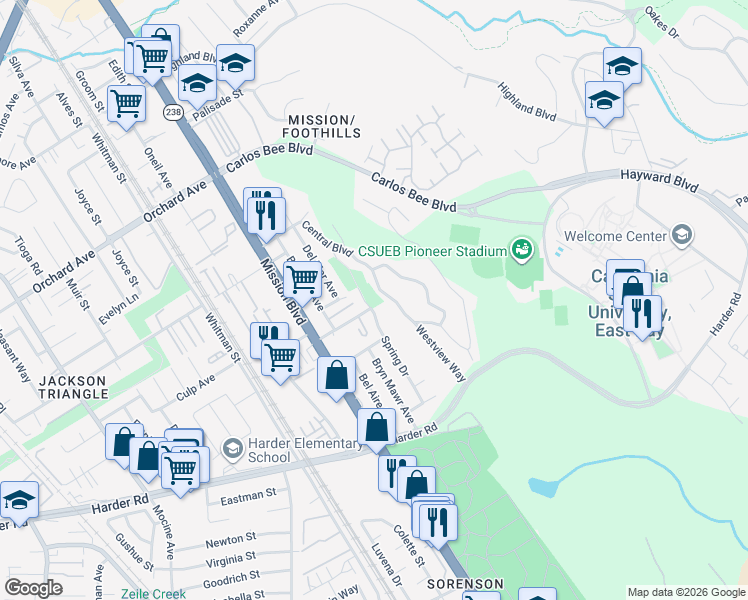 map of restaurants, bars, coffee shops, grocery stores, and more near 25648 Spring Drive in Hayward