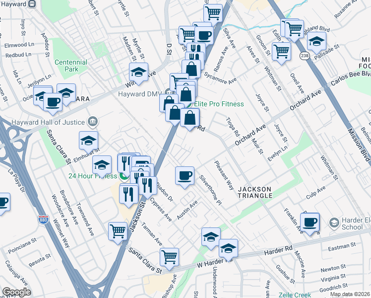 map of restaurants, bars, coffee shops, grocery stores, and more near 90 Middleton Place in Hayward