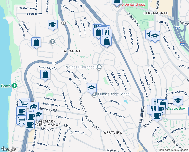 map of restaurants, bars, coffee shops, grocery stores, and more near 627 Hickey Boulevard in Pacifica