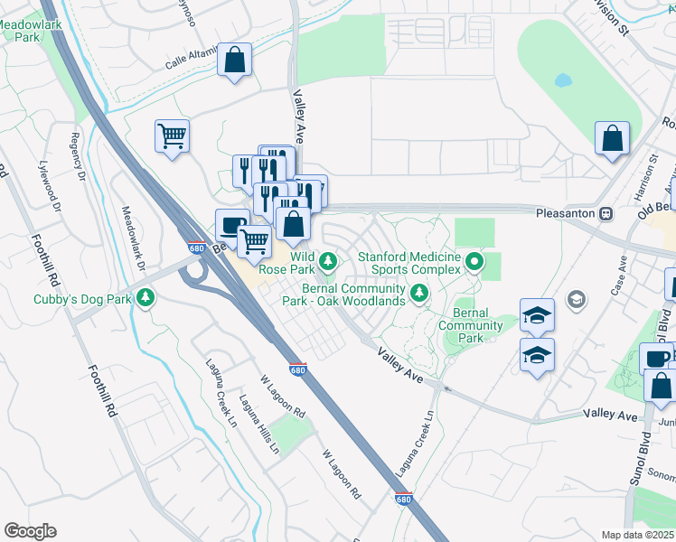 map of restaurants, bars, coffee shops, grocery stores, and more near 1574 East Gate Way in Pleasanton