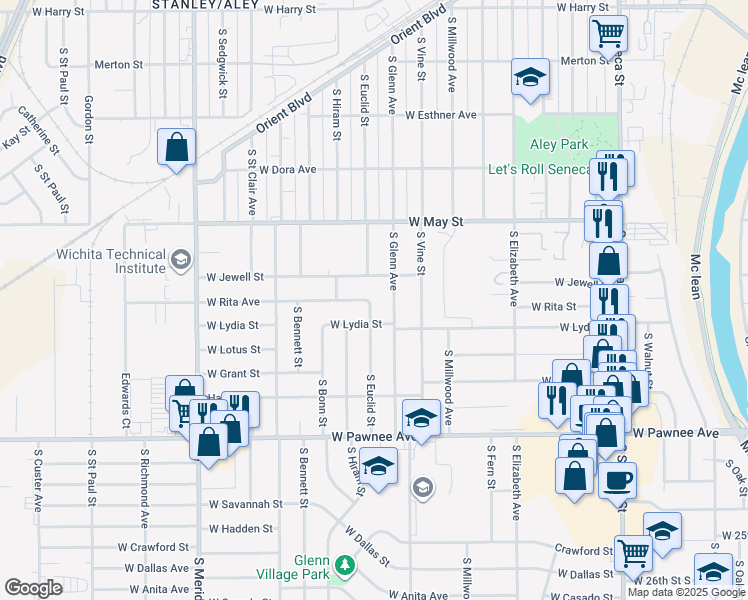 map of restaurants, bars, coffee shops, grocery stores, and more near 2124 South Euclid Street in Wichita