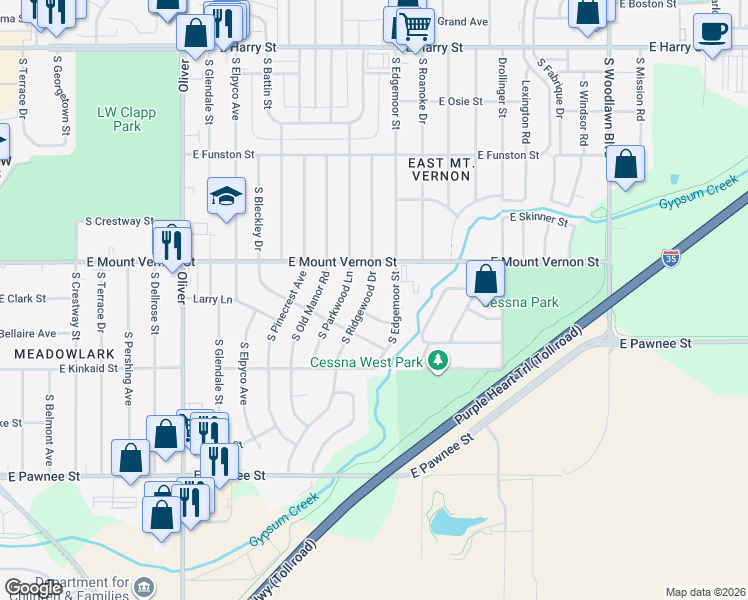 map of restaurants, bars, coffee shops, grocery stores, and more near 2036 South Ridgewood Drive in Wichita